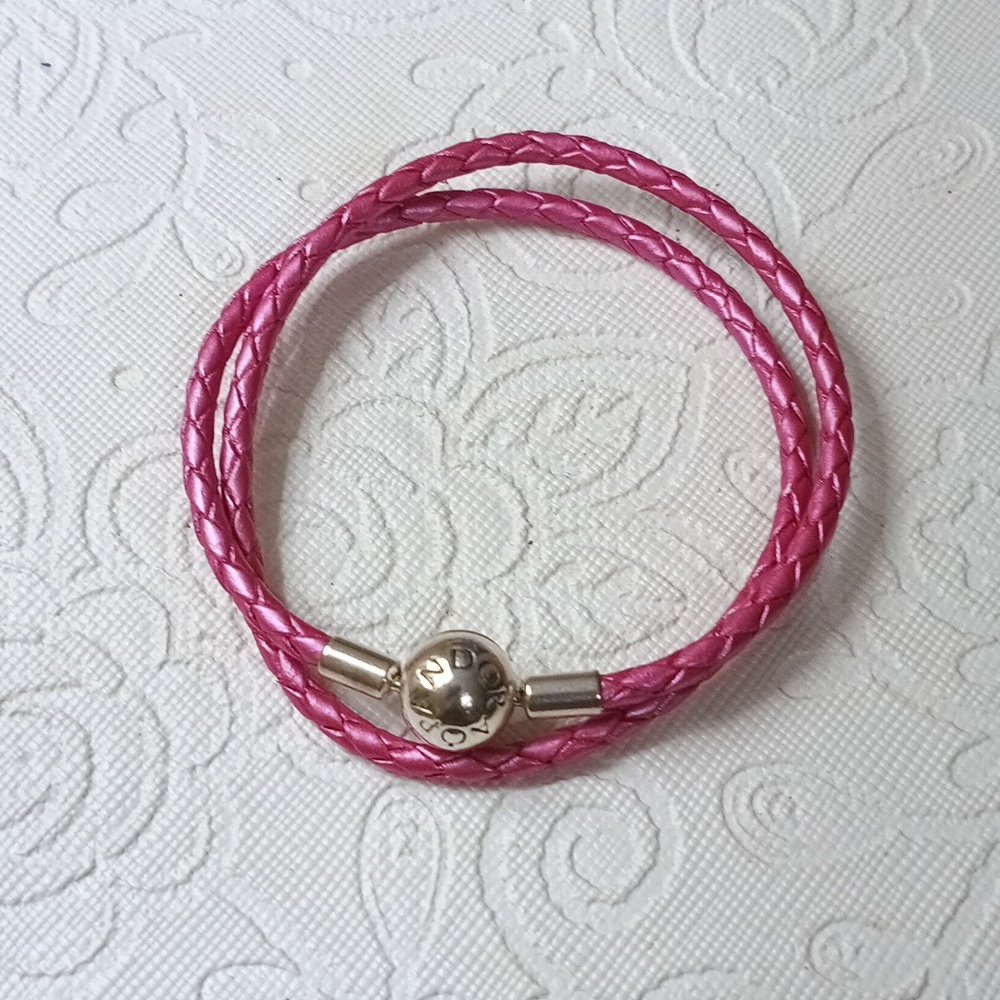 PandoraVintageStirlingSilverHoneysuckle PinkDoubleStrand Braided LeatherBracelet